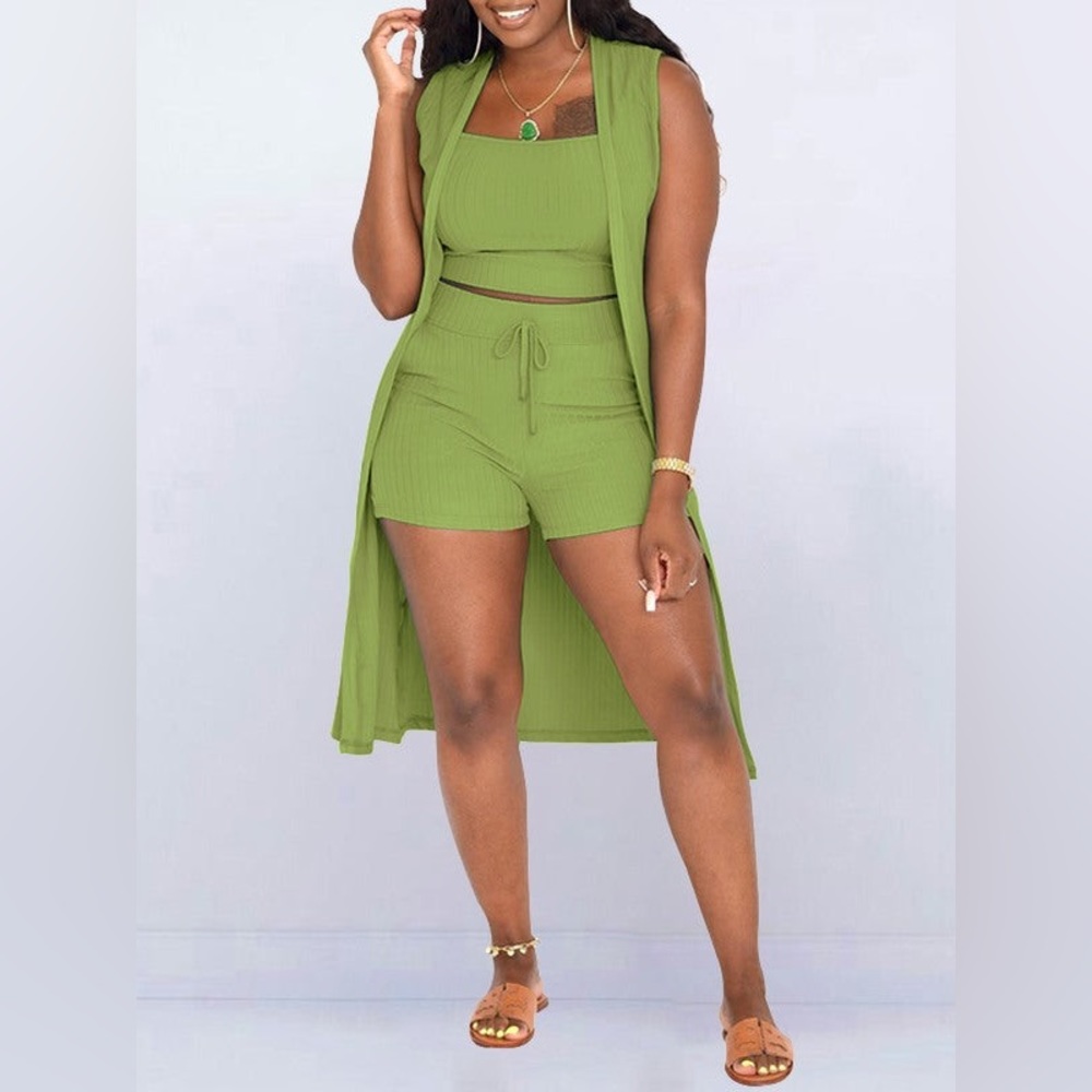 3 Piece Outfits Cardigan Cover Up Crop Tops Shorts Sets